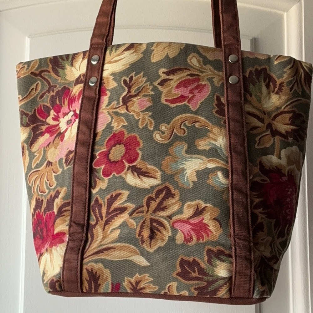 Retired Longaberger Homestead Small Tote/ Purse /Bag Olive Brown Floral - Picture 3 of 6